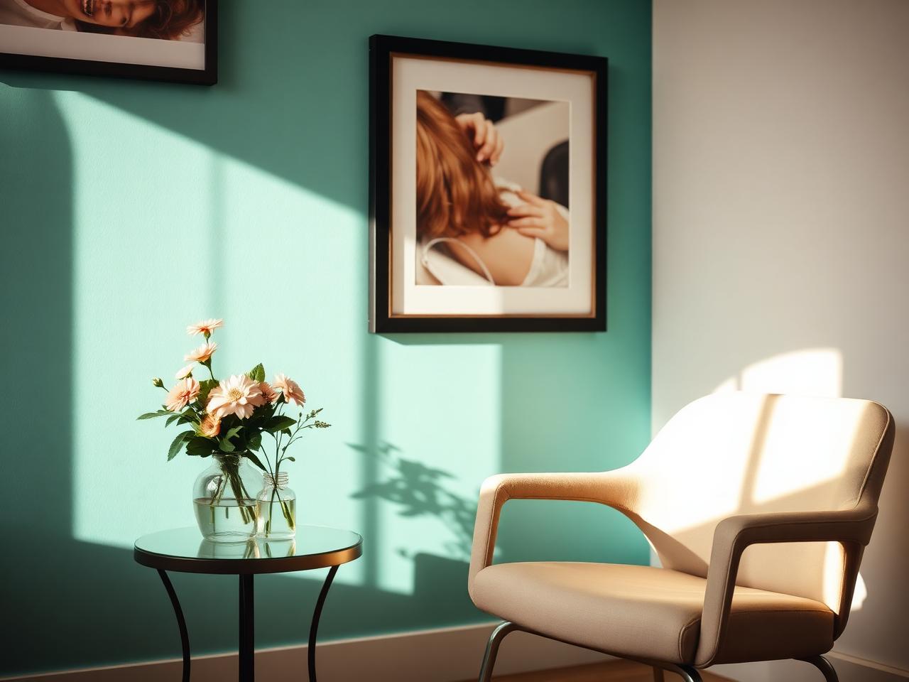 Detalhe da sala de espera com poltrona bege, flores e parede verde-turquesa