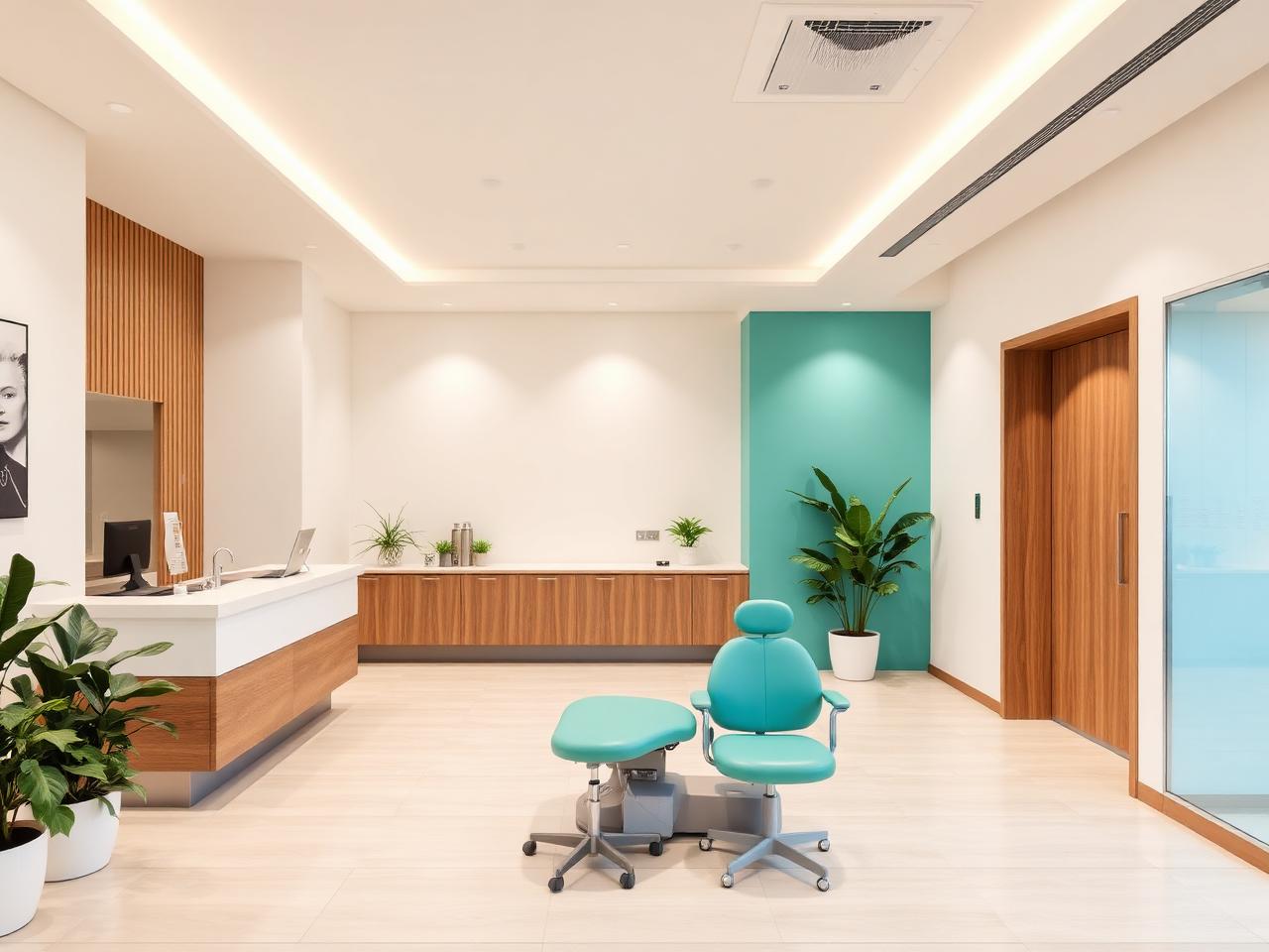 Recepção do consultório com balcão de atendimento, plantas e iluminação suave