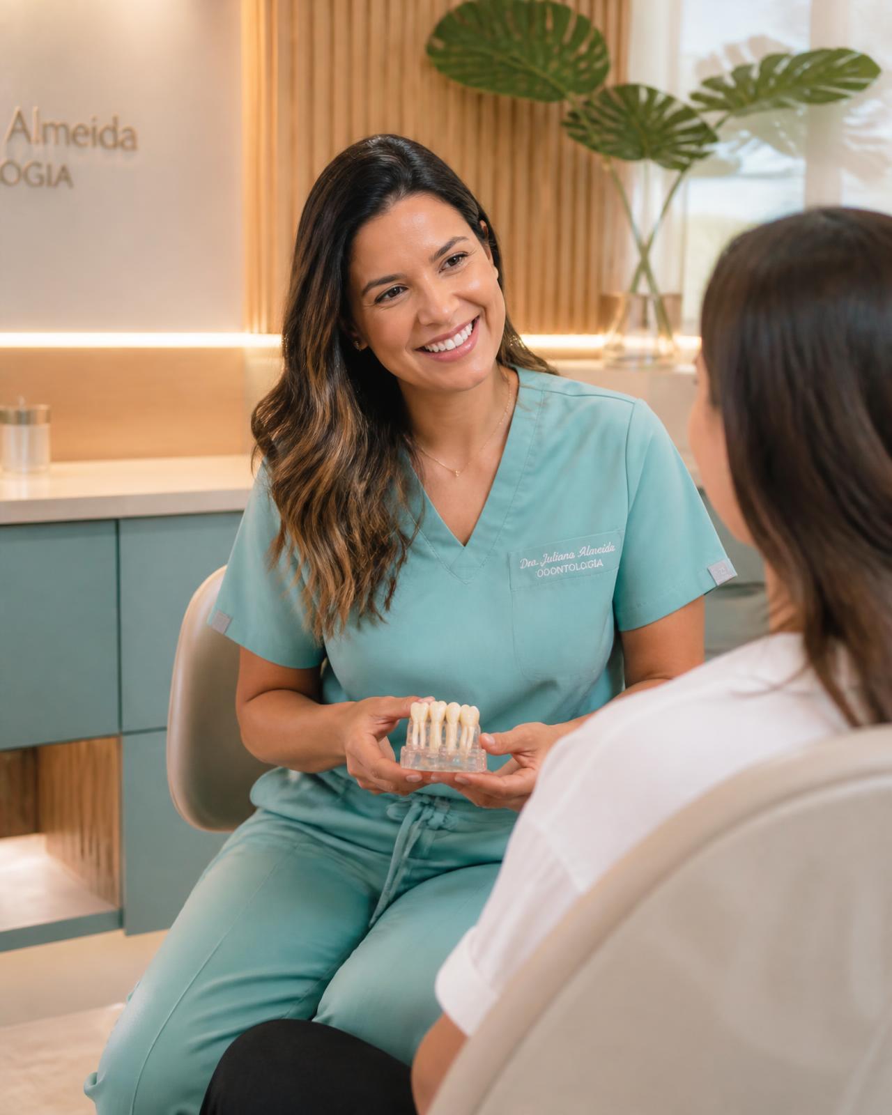 Dentista acolhendo uma paciente em consultório odontológico claro e confortável